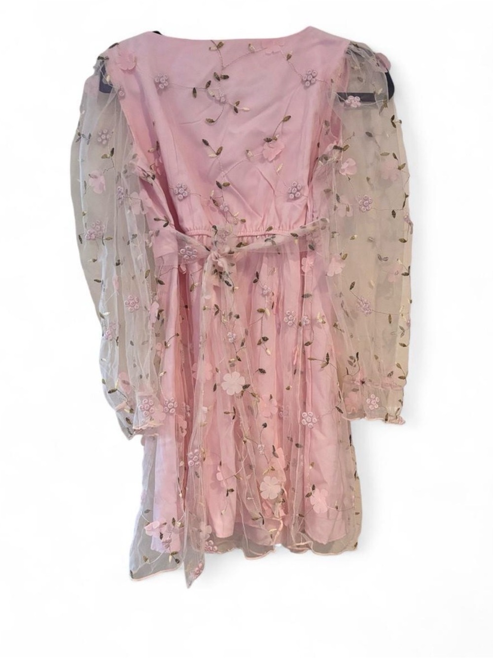 Allison & Kelly Sheer Sleeve Pink Floral Embroidered Mini Dress Mesh Overlay 16 - Picture 6 of 13
